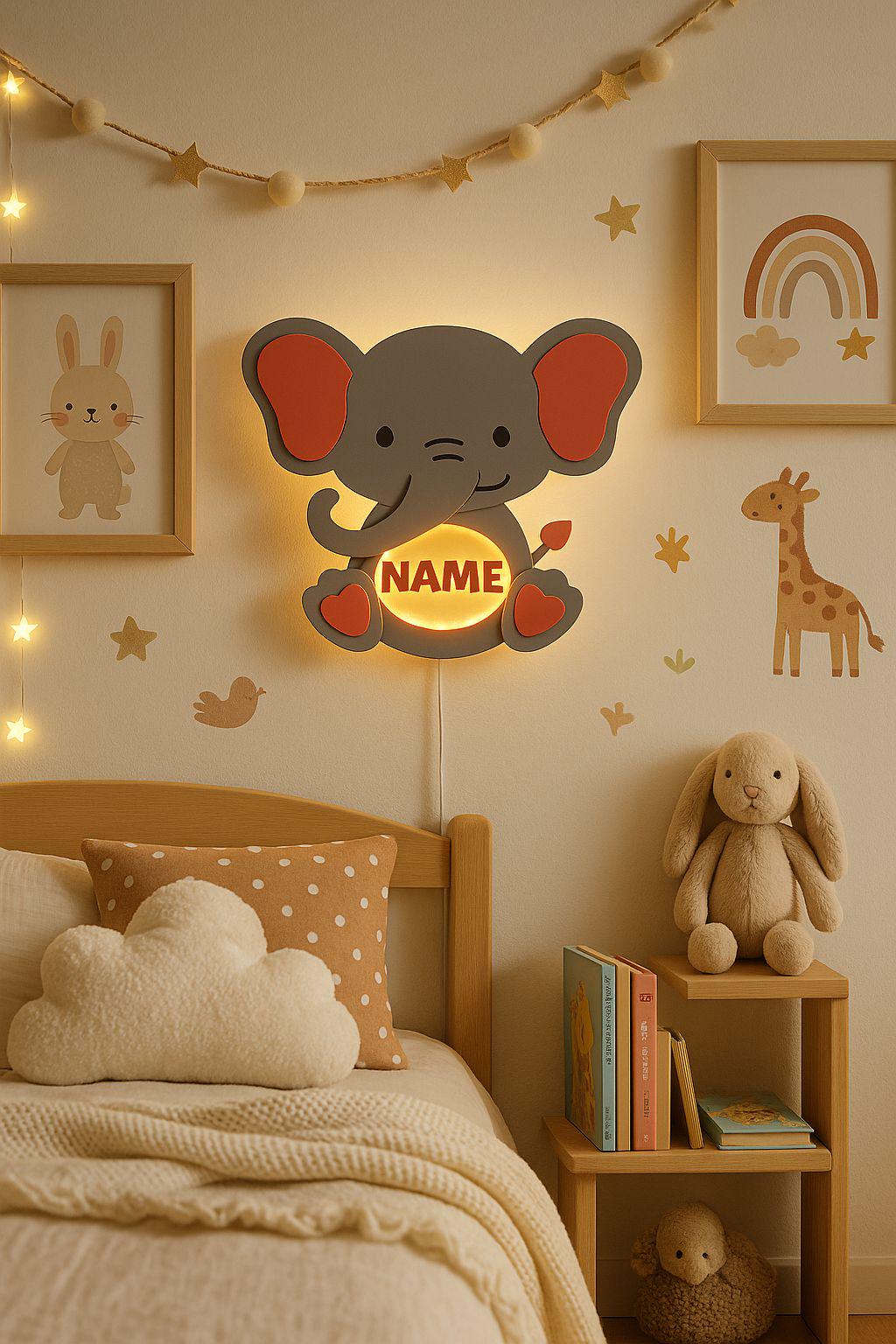 Children's bedroom with a lit elephant-shaped night light, books, and plush toys.