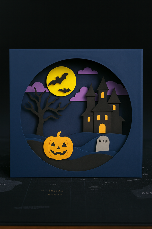 Halloween-themed paper craft with a haunted house, jack-o'-lantern, and moon on a dark background.