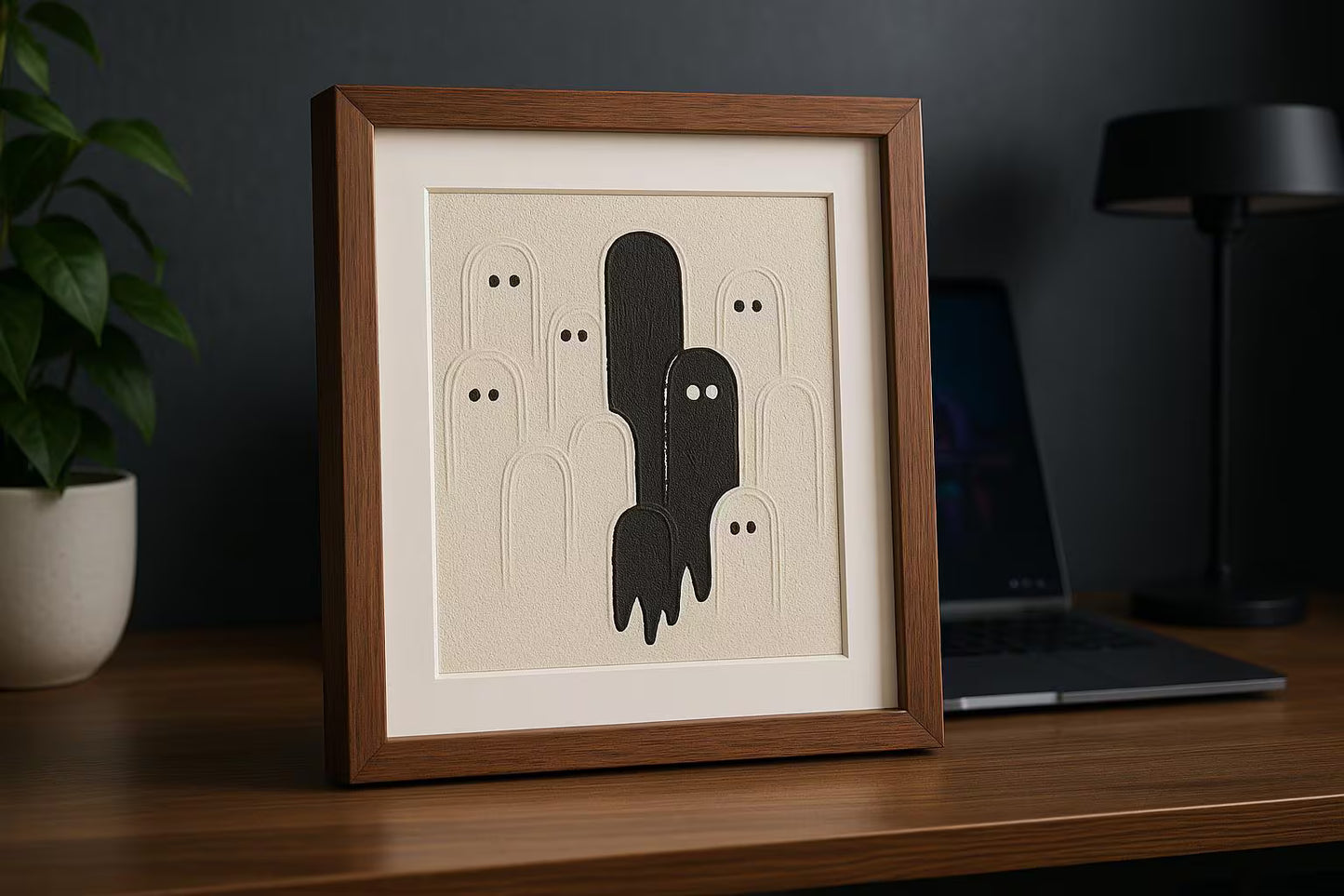 Minimalist Ghost Wall Art – Textured Black & White Modern Artwork