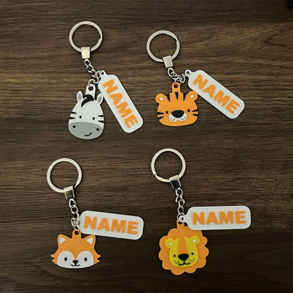 animal-themed keychains with 'NAME' tags 