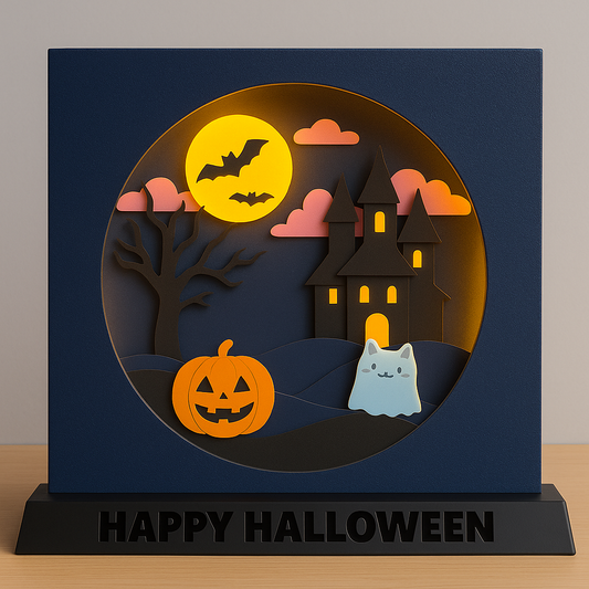 Halloween-themed decorative display with a haunted house, pumpkin, and cat on a dark blue background.