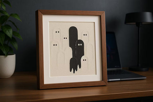 Minimalist Ghost Wall Art – Textured Black & White Modern Artwork